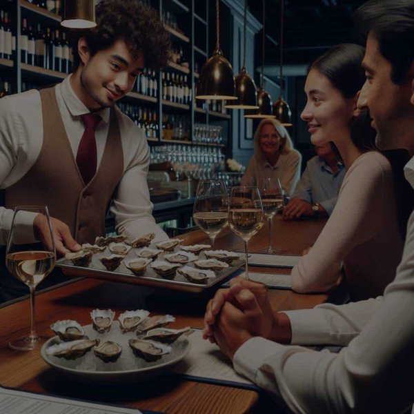 Quel est le protocole pour offrir des dégustations d'huîtres accompagnées de vins fins dans un bar à fruits de mer?